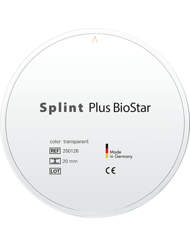 Splint Plus BioStar - Ein transparenter, hochvernetzter Polycarbonat-Fräsrohling. Indikationen: Aufbissschienen, therapeutische Schienen, Provisorien, Bohrschablonen, Positioner.