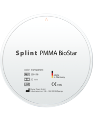 Splint PMMA BioStar - Thermoplastisches Acrylpolymer auf der Basis von Methylmethacrylat (PMMA). Indikationen: Aufbissschienen, therapeutischen Schienen, Bissregulatoren und Bohrschablonen.