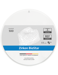 Zirkon BioStar Colour - Vollständig monochrom voreingefärbte Fräsrohlinge, hergestellt nach demselben Produktionsverfahren wie bei Zirkon BioStar. Lieferbar in 5 Farben.