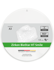 Zirkon BioStar HT Smile Colour - Zirkon BioStar HT Smile Colour sind monochrom voreingefärbte und hochtransluzente Fräsrohlinge. Die technischen Eigenschaften sind identisch mit Zirkon BioStar HT Smile. Farbe: voreingefärbt.