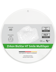 Zirkon BioStar HT Smile Multilayer - Zirkon BioStar HT Smile Multilayer ist ein mehrschichtig voreingefärbtes, hochtransluzentes Zirkon und bietet einen natürlichen, fließenden Farbverlauf im Zahnschmelz-, Dentin und Zahnhalsfarbbereich.