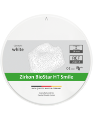 Zirkon BioStar HT Smile - Zirkon BioStar HT Smile ist ein hochtransluzentes, biokompatibles Zirkoniumoxid (Typ II, Klasse 5) für maximal dreigliedrige Brücken im Front- und Seitenzahnbereich mit reduzierter Biegezugfestigkeit von > 750 MPa.
